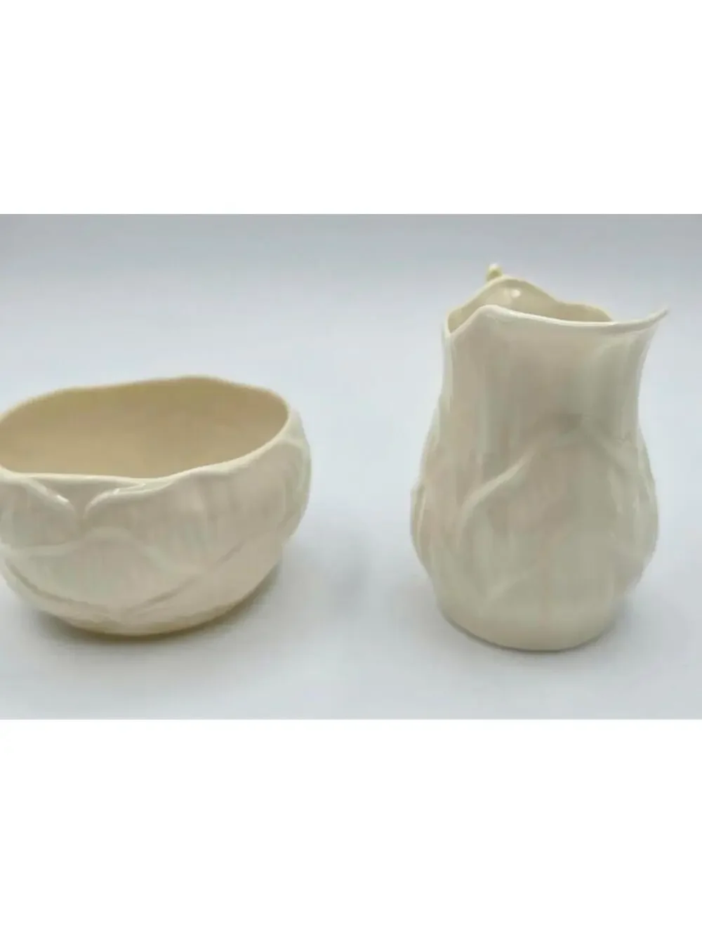 Vintage Belleek Irish Porcelain Lily Pattern Creamer & Sugar Bowl Set Ivory